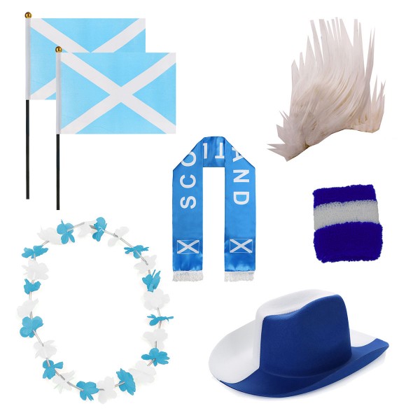 Fan-Paket &quot;Schottland&quot; Scottland WM EM Fußball Schal Hawaiikette Hut Schweissband Fahne Perücke
