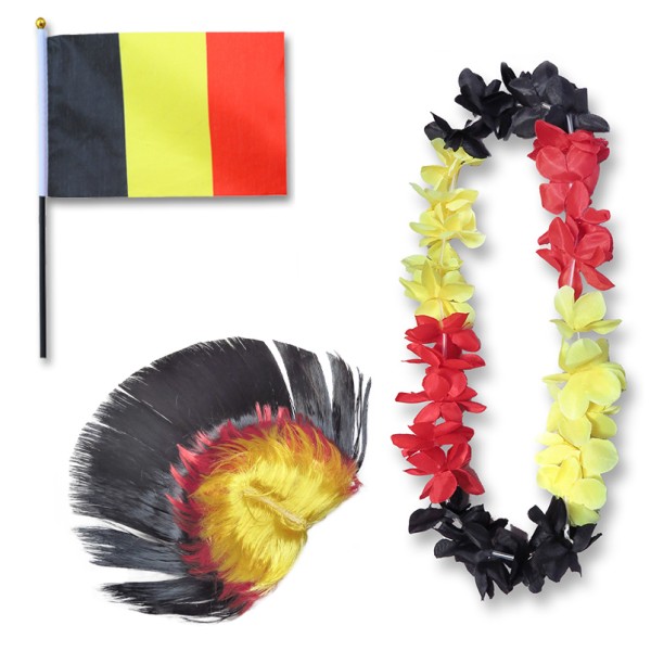 Fanset &quot;Belgien&quot; Belgium Blumenkette Fahne Flagge Perücke Irokese