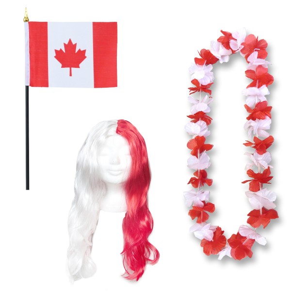 Fanset &quot;Kanada&quot; Canada Blumenkette Fahne Flagge Perücke Langhaar-Locken