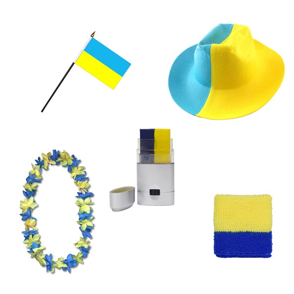 Fan-Paket EM &quot;Ukraine&quot; Ukrain Fußball Hut Kette Schminke Schweißband Flagge