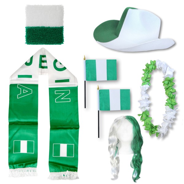 Fan-Paket &quot;Nigerien&quot; Nigeria WM EM Fußball Schal Hawaiikette Hut Schweissband Fahne Perücke