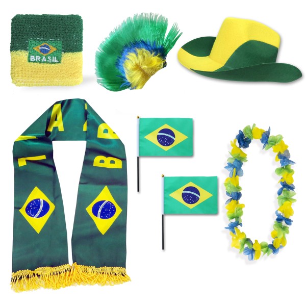 Fan-Paket &quot;Brasilien&quot; Brasil Brazil WM EM Fußball Schal Hawaiikette Hut Schweissband Fahne Iro Perüc