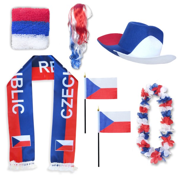 Fan-Paket &quot;Tschechien&quot; Czech Republic WM EM Fußball Schal Hawaiikette Hut Schweissband Fahne Perücke