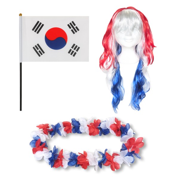 Fanset &quot;Südkorea&quot; South Korea Blumenkette Fahne Flagge Perücke Langhaar-Locken