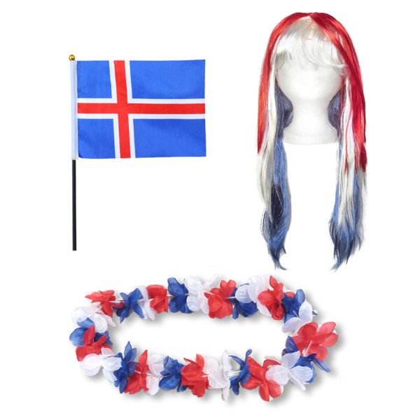 Fanset &quot;Island&quot; Iceland Blumenkette Fahne Flagge Perücke Langhaar