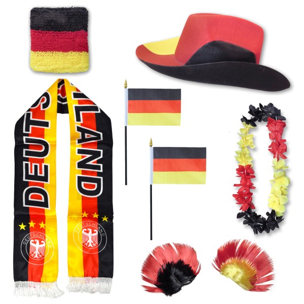 Fan-Paket &quot;Deutschland&quot; Germany WM EM Fußball Schal Hawaiikette Hut Schweissband Fahne Perücke