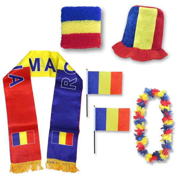 Fan-Paket &quot;Rumänien&quot; Romania WM EM Fußball Schal Hawaiikette Hut Schweissband Fahne Flagge