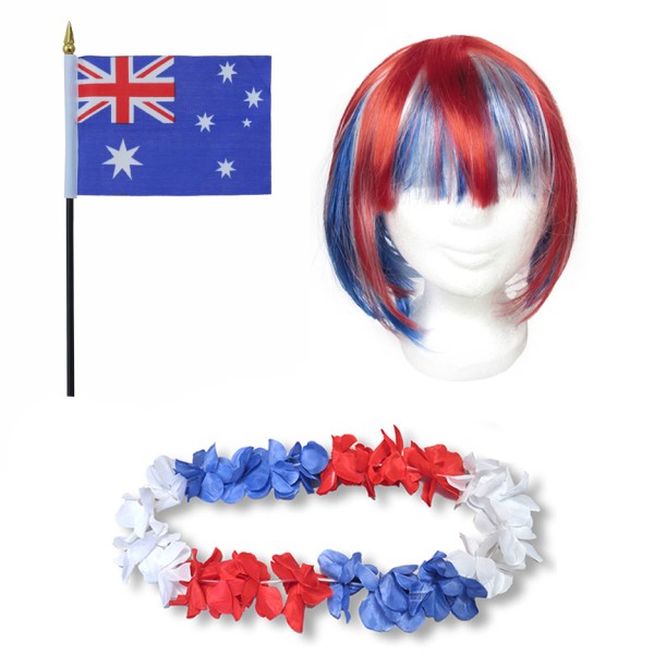 Fanset &quot;Australien&quot; Australia Blumenkette Fahne Flagge Perücke Bob