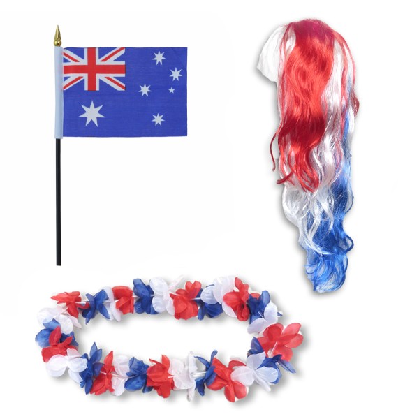 Fanset &quot;Australien&quot; Australia Blumenkette Fahne Flagge Perücke Langhaar-Locken