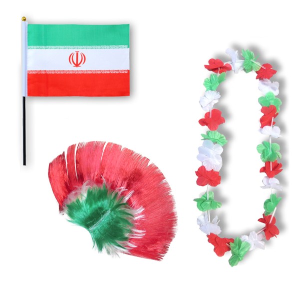 Fanset &quot;Iran&quot; Blumenkette Fahne Flagge Perücke Irokese