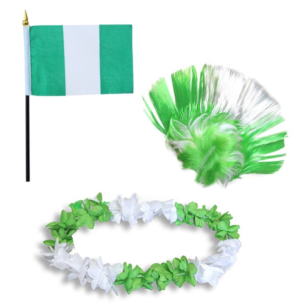 Fanset &quot;Nigerien&quot; Nigeria Blumenkette Fahne Flagge Perücke Irokese