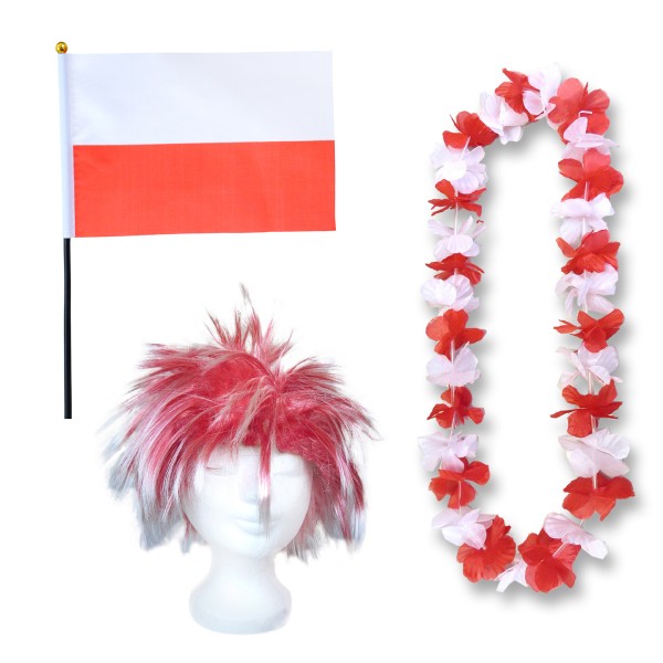 Fanset &quot;Polen&quot; Poland Polska Blumenkette Fahne Flagge Perücke Wig