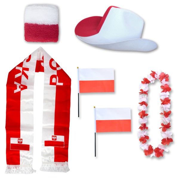 Fan-Paket &quot;Polen&quot; Poland Polska WM EM Fußball Schal Hawaiikette Hut Schweissband Fahne Flagge
