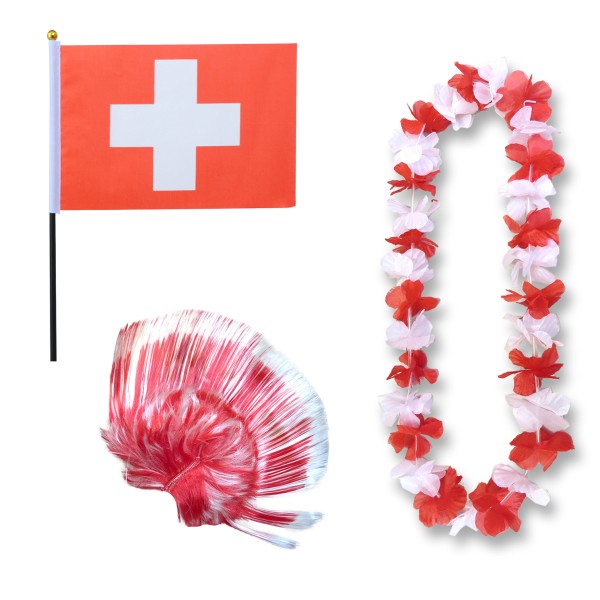 Fanset &quot;Schweiz&quot; Switzerland Blumenkette Fahne Flagge Perücke Irokese