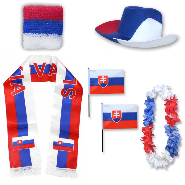 Fan-Paket &quot;Slowakei&quot; Slovakia WM EM Fußball Schal Hawaiikette Hut Schweissband Fahne Flagge