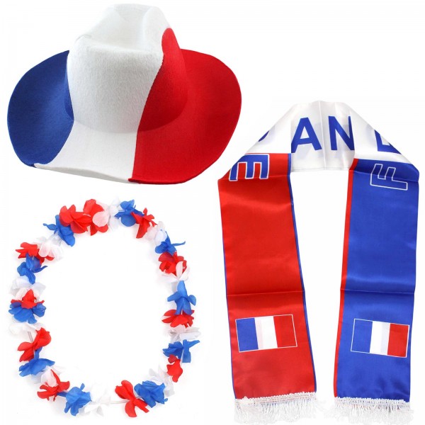 Fan-Paket &quot;Frankreich&quot; France WM EM Fußball Schal Hawaiikette Hut Fanartikel