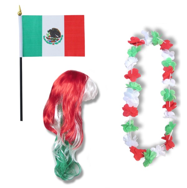 Fanset &quot;Mexiko&quot; Mexico Blumenkette Fahne Flagge Perücke Langhaar-Locken