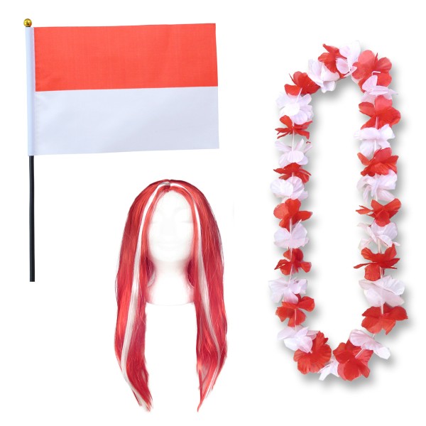 Fanset &quot;Indonesien&quot; Indonesia Blumenkette Fahne Flagge Perücke Langhaar