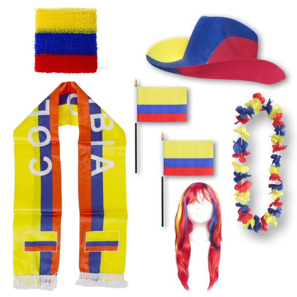 Fan-Paket &quot;Kolumbien&quot; Colombia WM EM Fußball Schal Hawaiikette Hut Schweissband Fahne Perücke