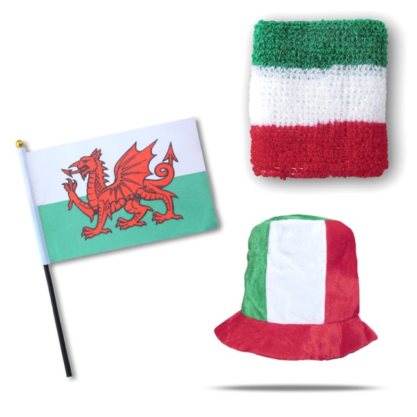 FANSET EM Fußball &quot;Wales&quot; Zylinder Hut Schweißband Mini Flagge