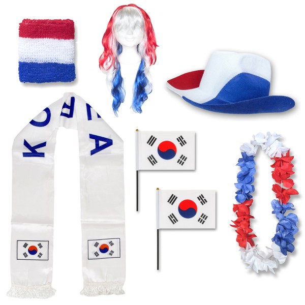 Fan-Paket &quot;Südkorea&quot; South Korea WM EM Fußball Schal Hawaiikette Hut Schweissband Fahne Perücke