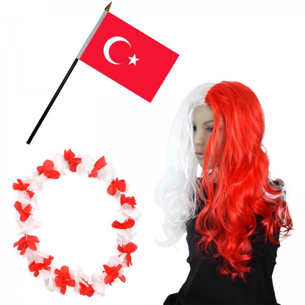 Fanset &quot;Türkei&quot; Turkey Türkiye Blumenkette Fahne Flagge Perücke Langhaar-Locken