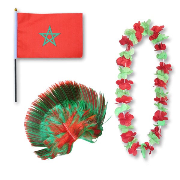 Fanset &quot;Marokko&quot; Morocco Blumenkette Fahne Flagge Perücke Irokese