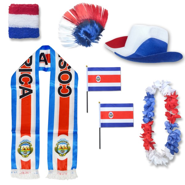 Fan-Paket &quot;Costa Rica&quot; WM EM Fußball Schal Hawaiikette Hut Schweissband Fahne Iro Perücke