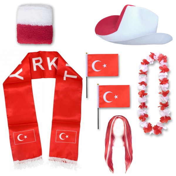 Fan-Paket &quot;Türkei&quot; Turkey Türkiye WM EM Fußball Schal Hawaiikette Hut Schweissband Fahne Perücke