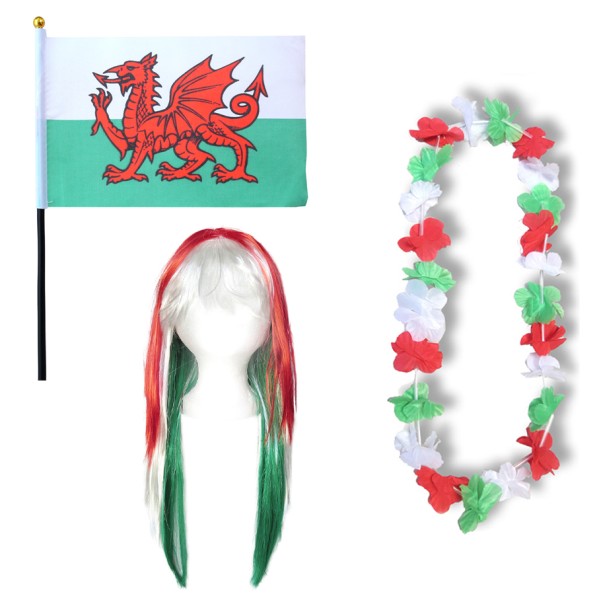 Fanset &quot;Wales&quot; Blumenkette Fahne Flagge Perücke Langhaar