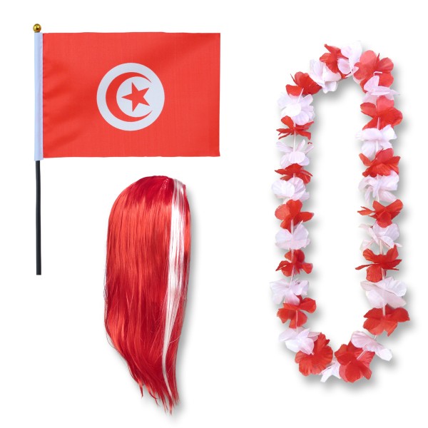 Fanset &quot;Tunesien&quot; Tunisia Blumenkette Fahne Flagge Perücke Langhaar