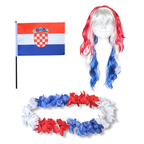 Fanset &quot;Kroatien&quot; Croatia Blumenkette Fahne Flagge Perücke Langhaar-Locken